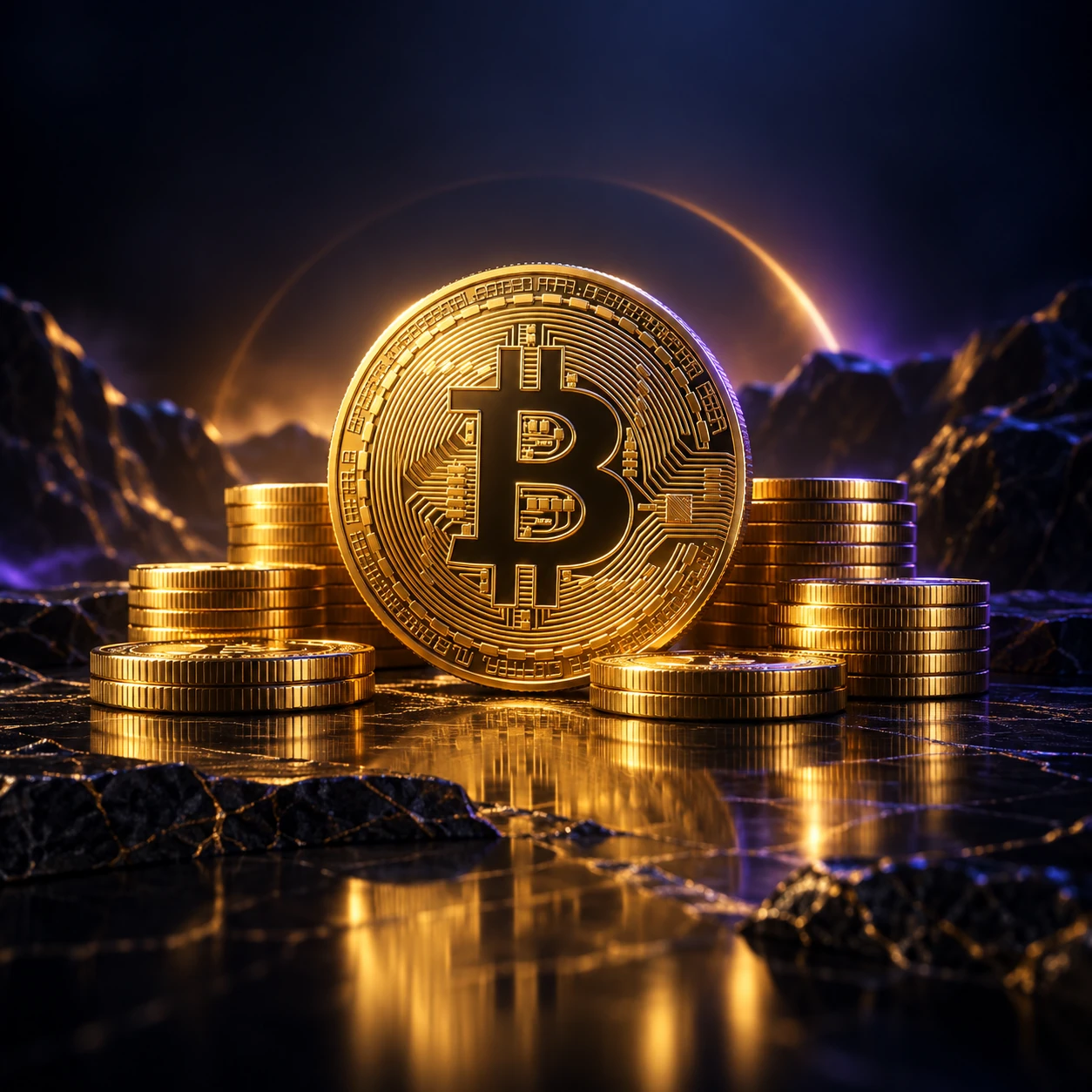 Gold Bitcoin coin with smaller coin stacks