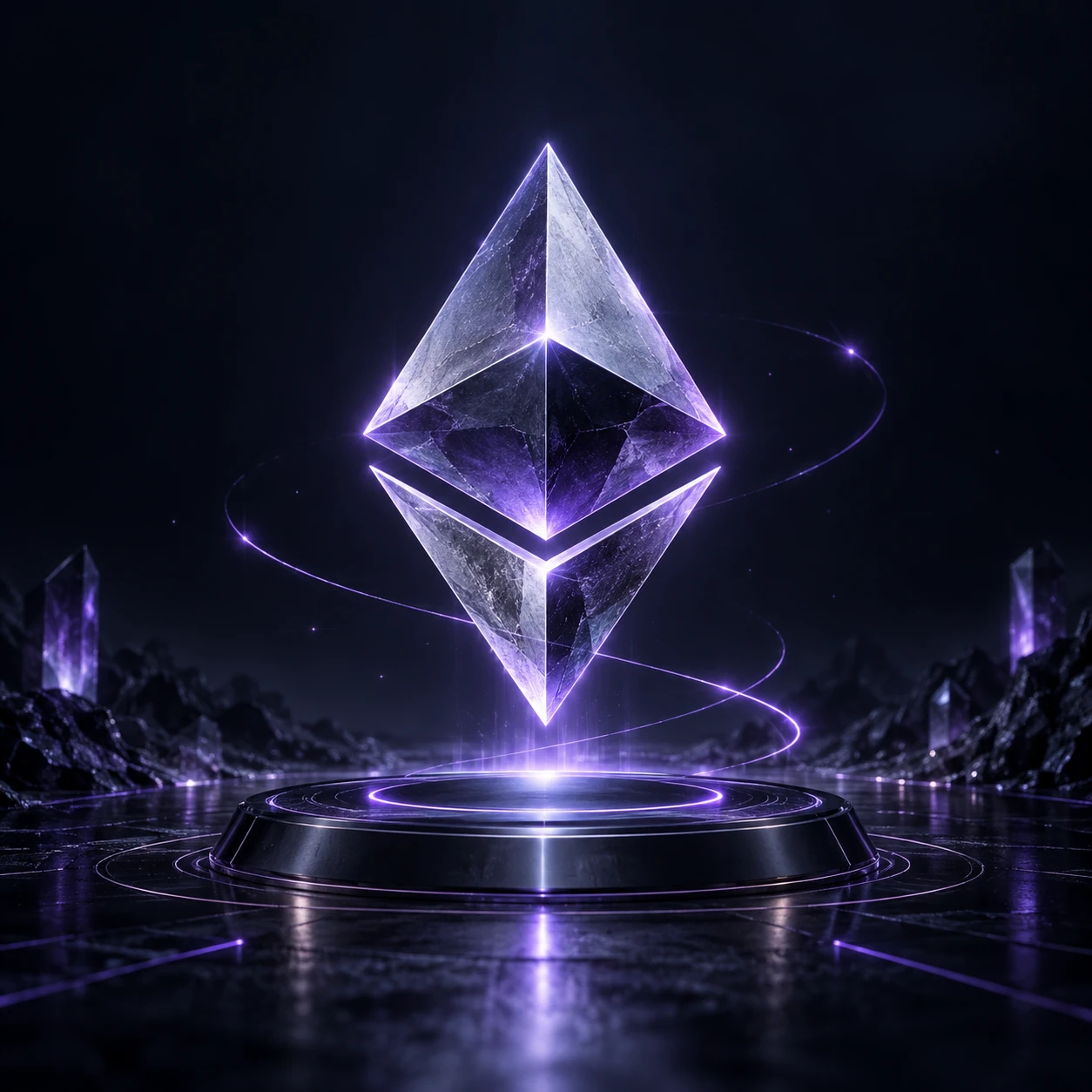 Violet Ethereum symbol above a dark platform