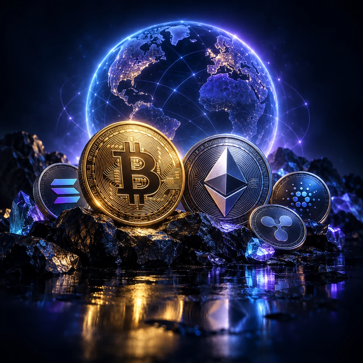 Bitcoin, Ethereum and other digital asset coins before a luminous globe