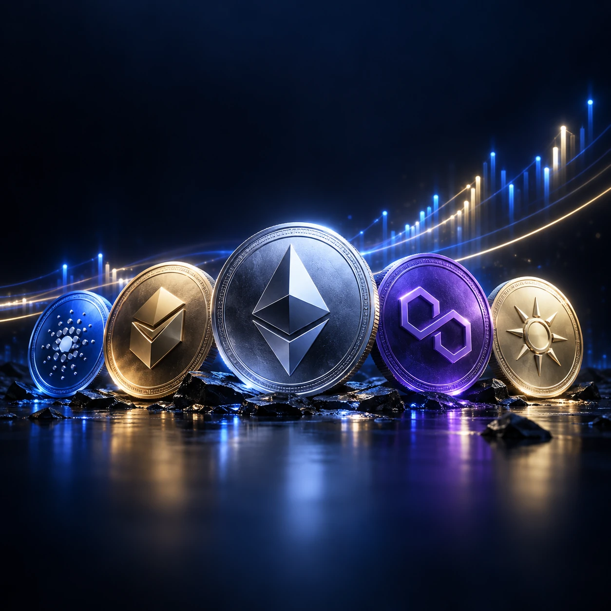 Collection of digital asset coins in blue and violet
