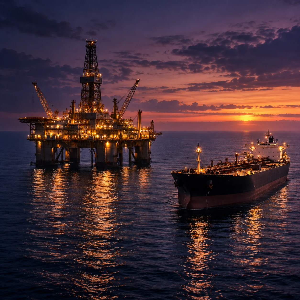 Offshore oil platform and tanker at twilight