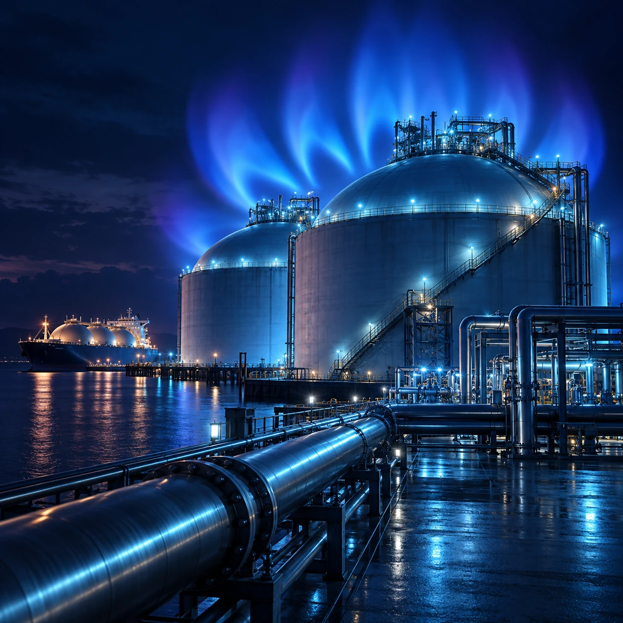 Liquefied natural gas storage tanks at night