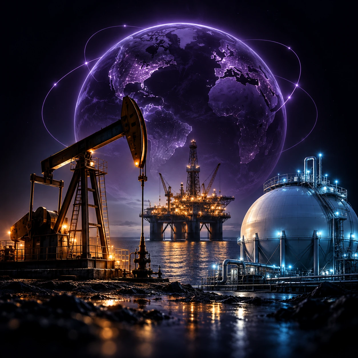 Oil pumpjack, offshore platform and natural gas tank before a luminous globe
