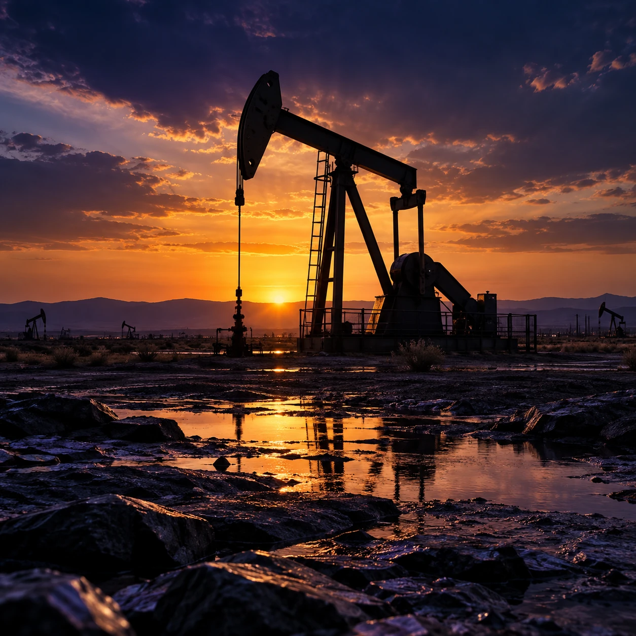 Oil pumpjack at sunset