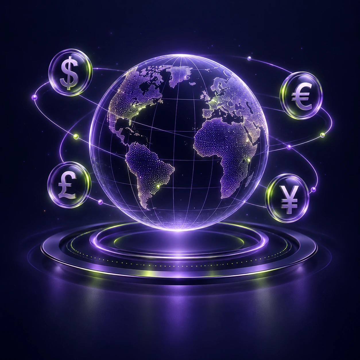 Digital globe surrounded by dollar, euro, pound and yen symbols