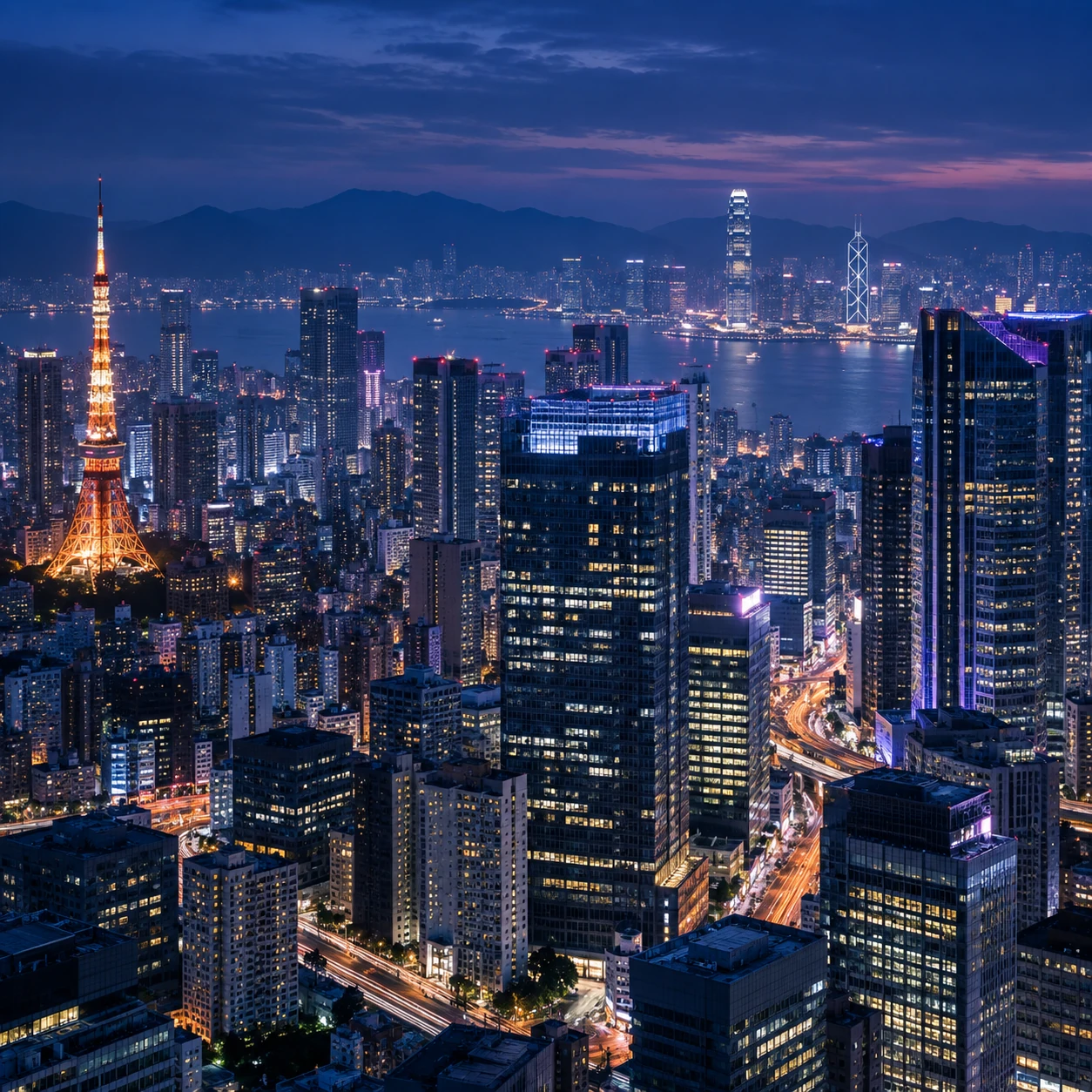 Tokyo and Hong Kong skylines at dusk