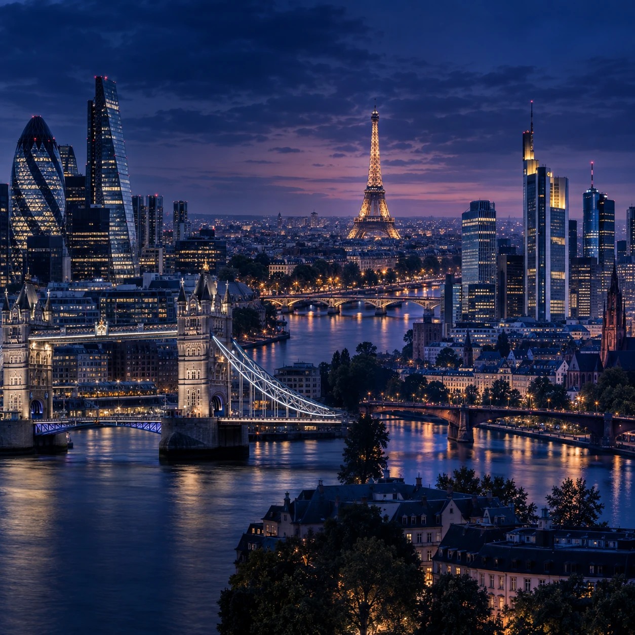 European city skylines at dusk