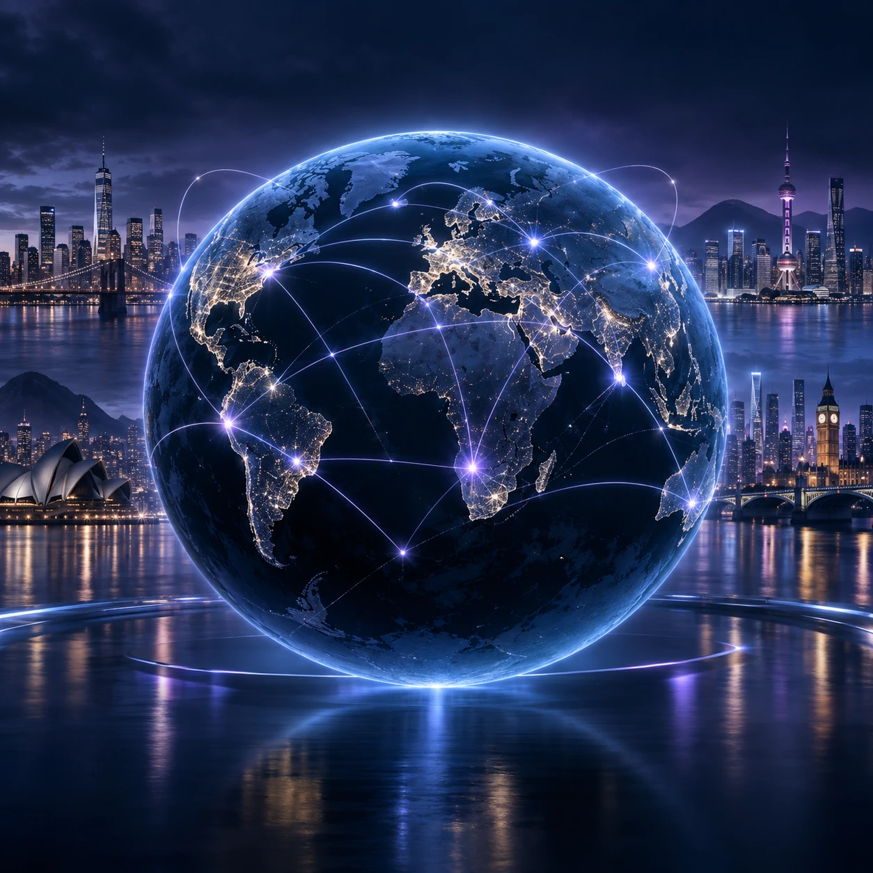 Global markets connected by a luminous digital globe