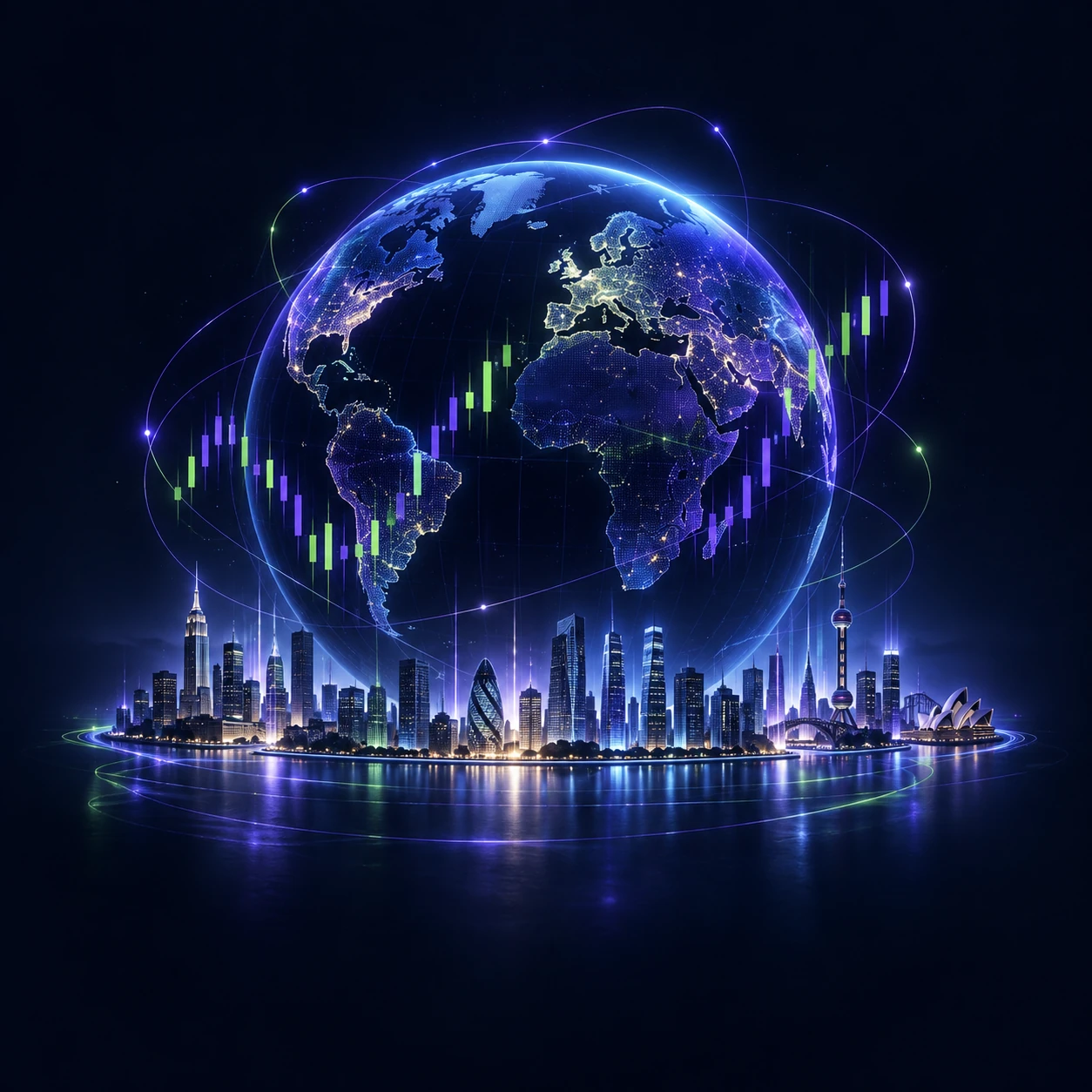 Luminous trading globe above global city skylines