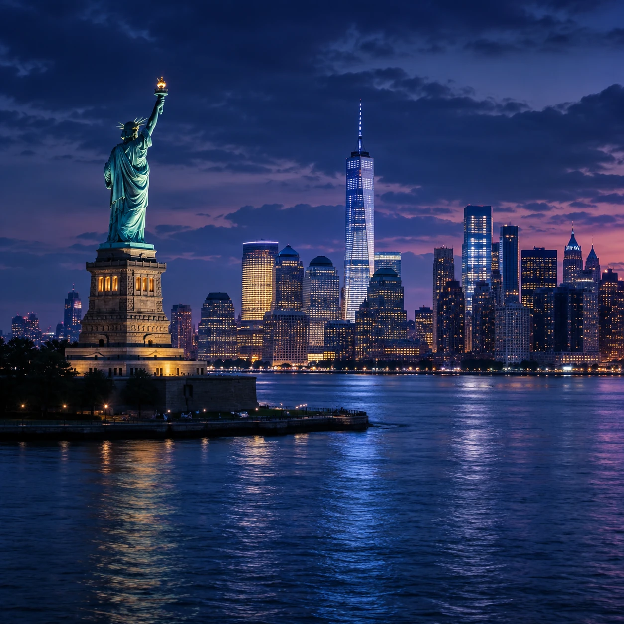 New York skyline and Statue of Liberty at dusk