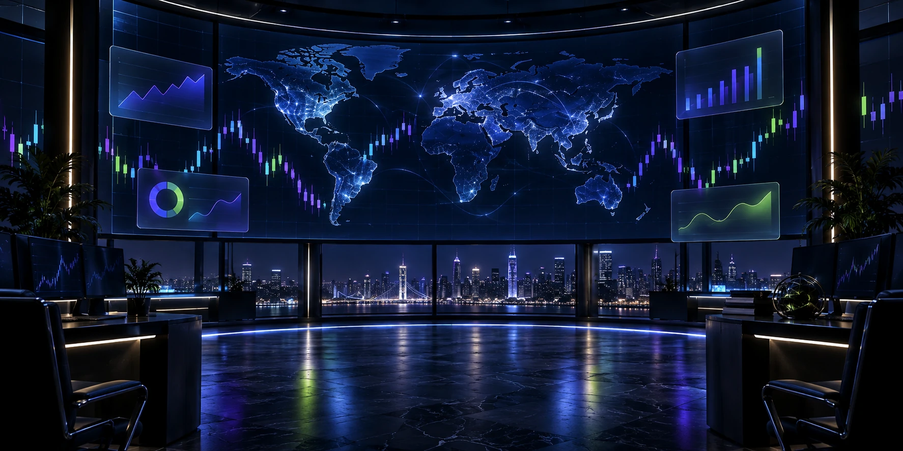 Digital world map and market charts in a trading room