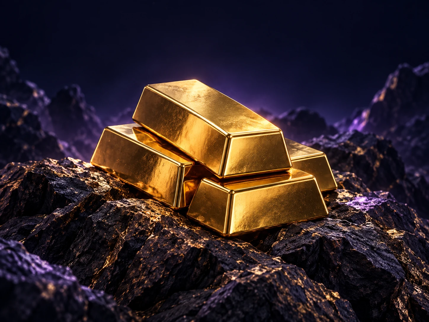 Gold bullion on dark mineral rocks