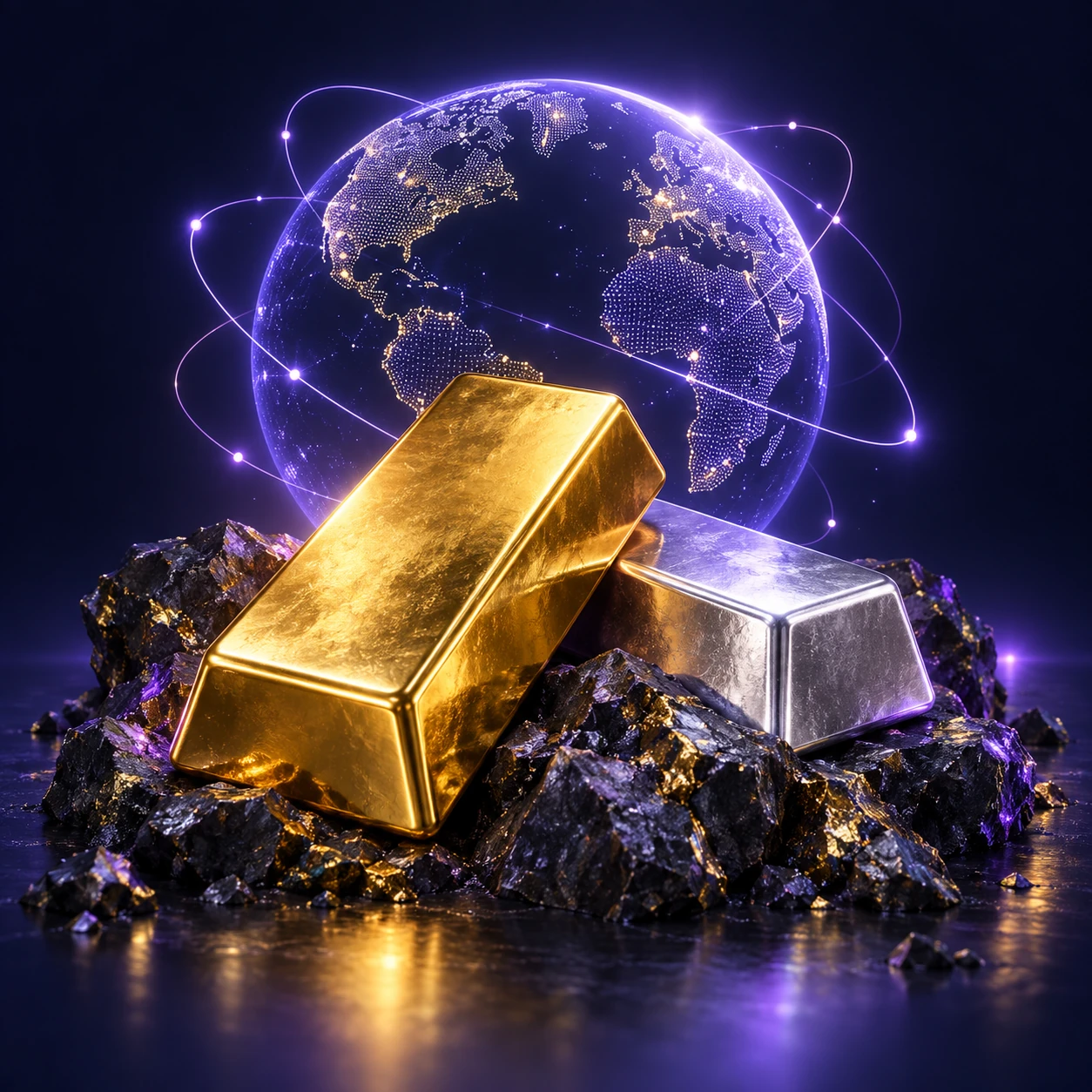 Gold and silver bullion with a luminous globe