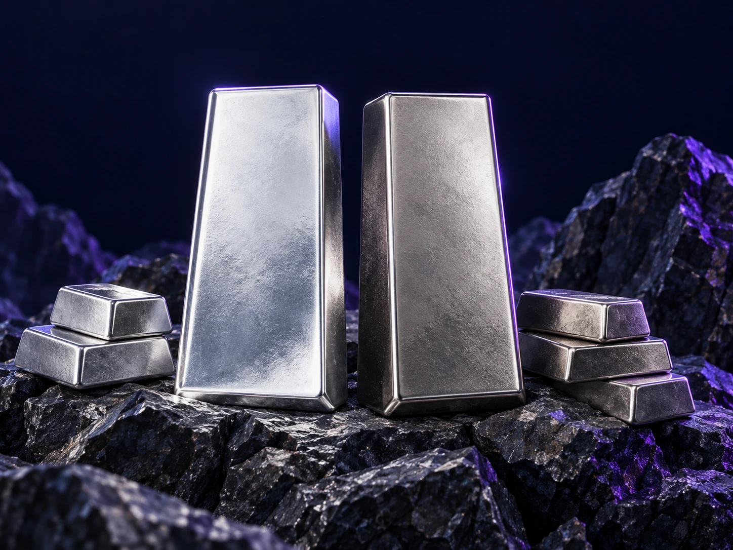 Platinum and palladium bullion on dark mineral rocks