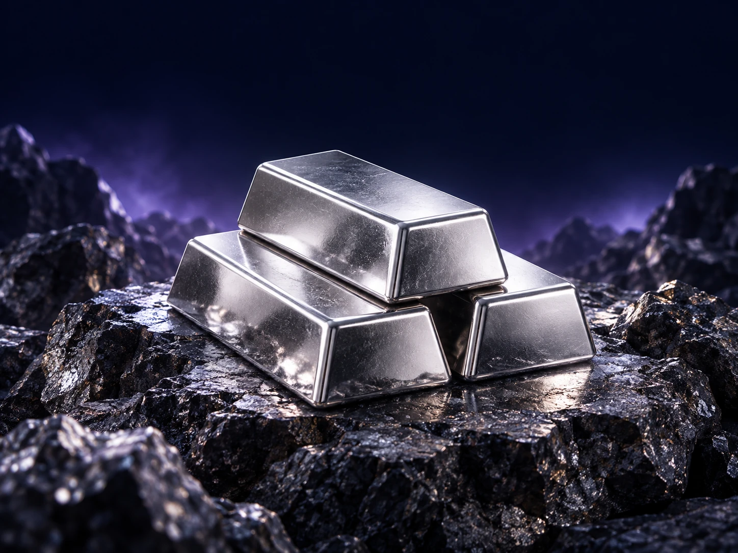 Silver bullion on dark mineral rocks