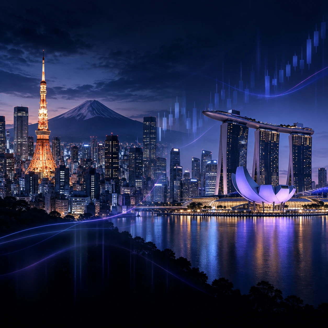 Tokyo and Singapore financial skylines at twilight