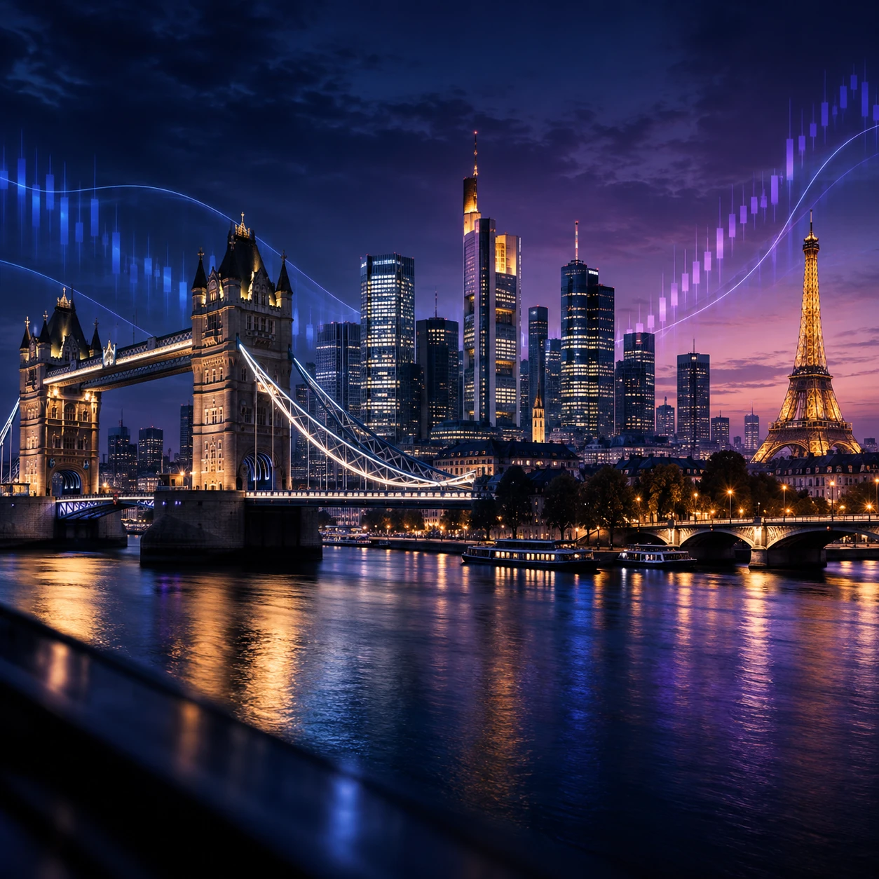 European financial city skylines at twilight