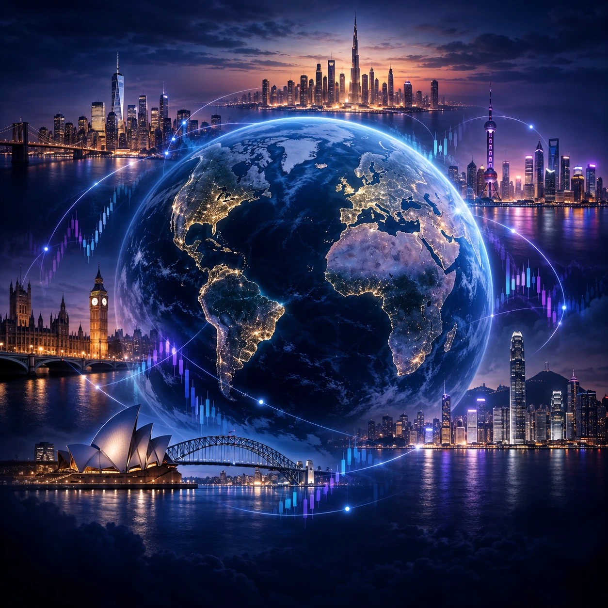 Global financial city skylines surrounding a digital globe
