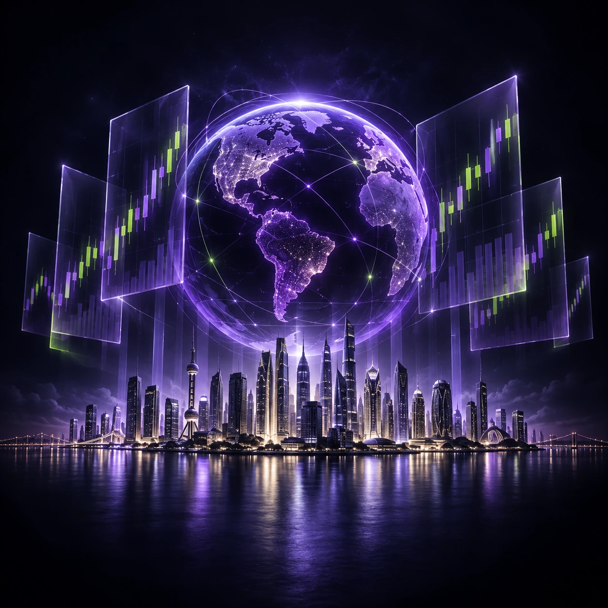 Global stock market charts around a luminous globe and city skyline